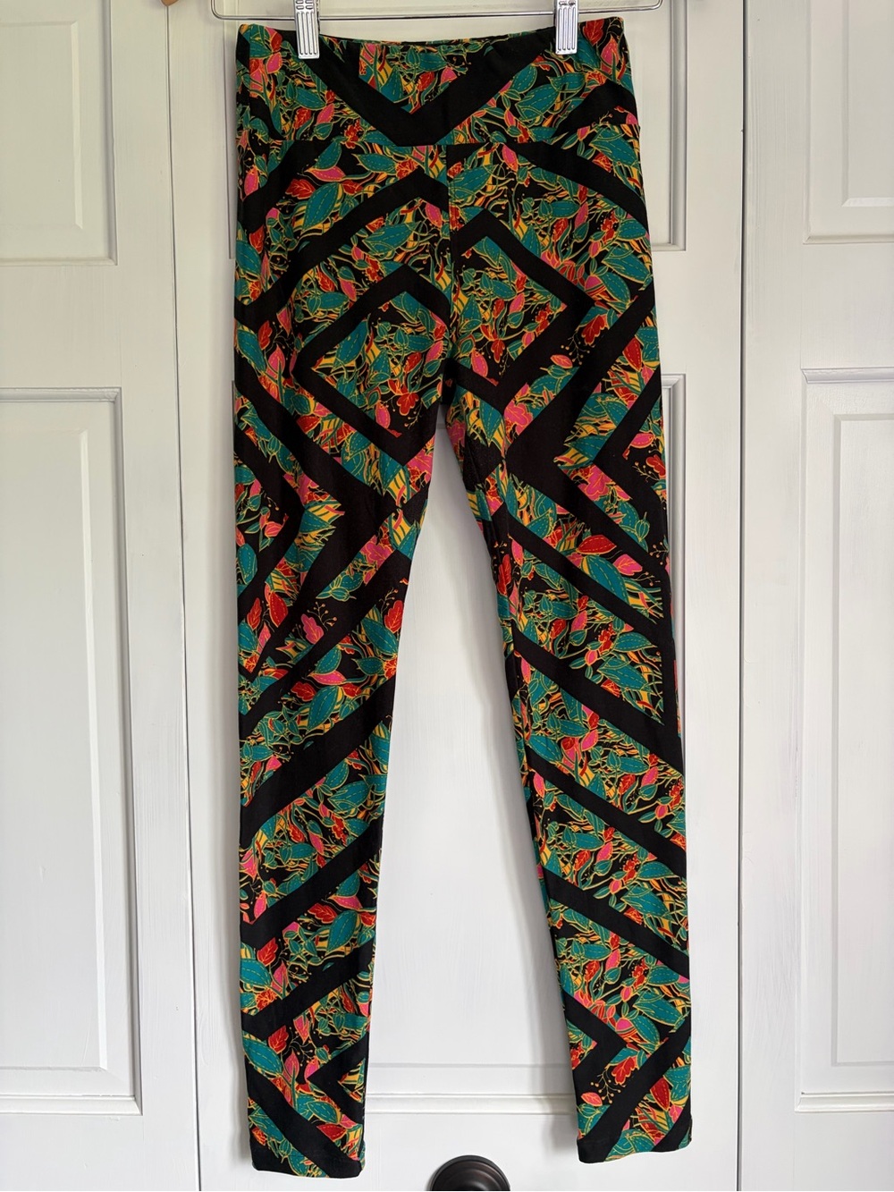LuLaRoe Black Leggings with Green, Pink and Yellow Floral Geometric Print